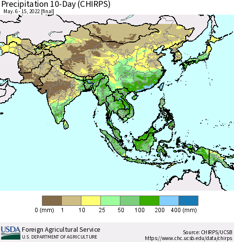 Asia Precipitation 10-Day (CHIRPS) Thematic Map For 5/6/2022 - 5/15/2022