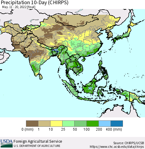 Asia Precipitation 10-Day (CHIRPS) Thematic Map For 5/11/2022 - 5/20/2022