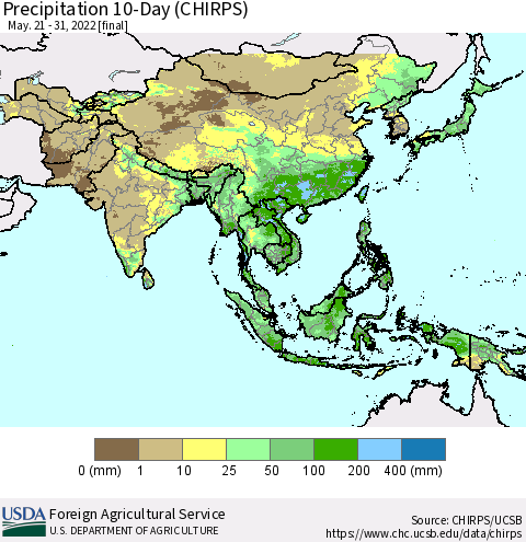 Asia Precipitation 10-Day (CHIRPS) Thematic Map For 5/21/2022 - 5/31/2022