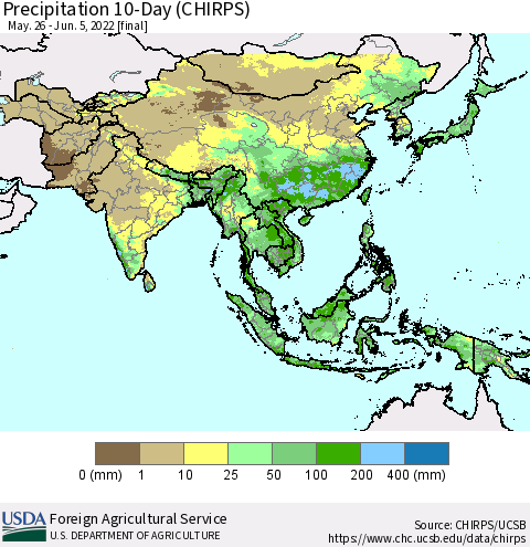 Asia Precipitation 10-Day (CHIRPS) Thematic Map For 5/26/2022 - 6/5/2022