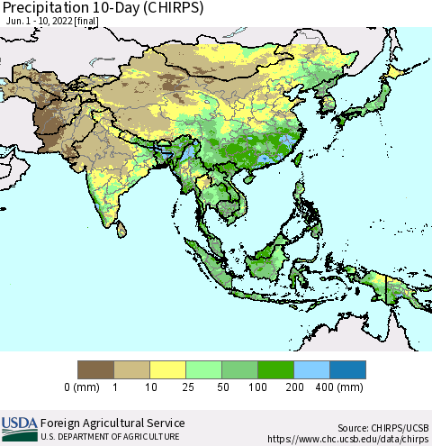 Asia Precipitation 10-Day (CHIRPS) Thematic Map For 6/1/2022 - 6/10/2022