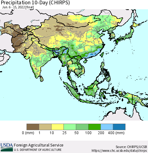 Asia Precipitation 10-Day (CHIRPS) Thematic Map For 6/6/2022 - 6/15/2022