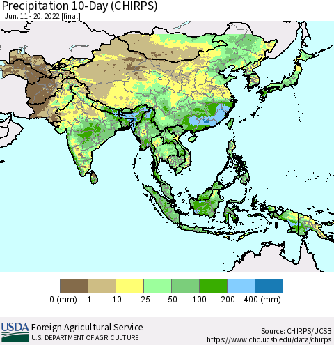 Asia Precipitation 10-Day (CHIRPS) Thematic Map For 6/11/2022 - 6/20/2022