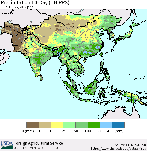 Asia Precipitation 10-Day (CHIRPS) Thematic Map For 6/16/2022 - 6/25/2022