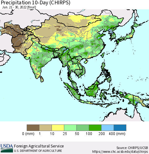 Asia Precipitation 10-Day (CHIRPS) Thematic Map For 6/21/2022 - 6/30/2022