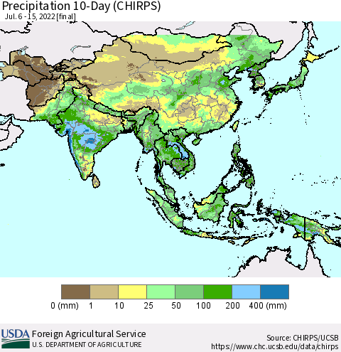 Asia Precipitation 10-Day (CHIRPS) Thematic Map For 7/6/2022 - 7/15/2022