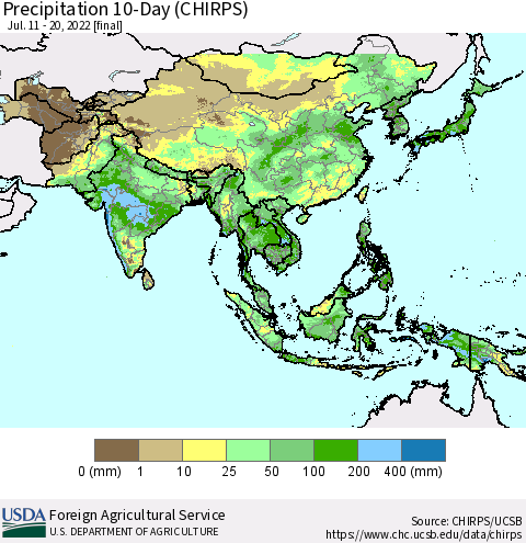 Asia Precipitation 10-Day (CHIRPS) Thematic Map For 7/11/2022 - 7/20/2022