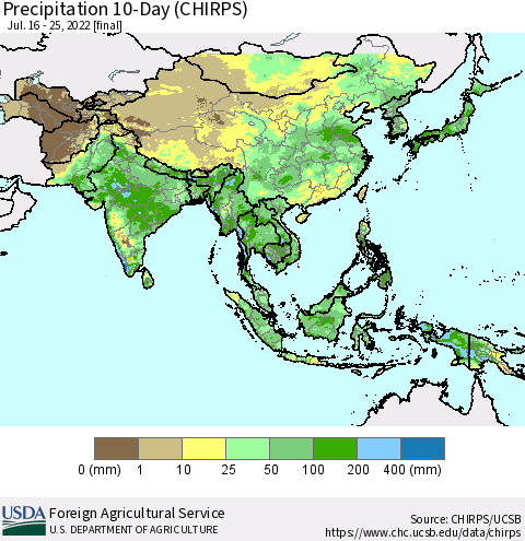 Asia Precipitation 10-Day (CHIRPS) Thematic Map For 7/16/2022 - 7/25/2022