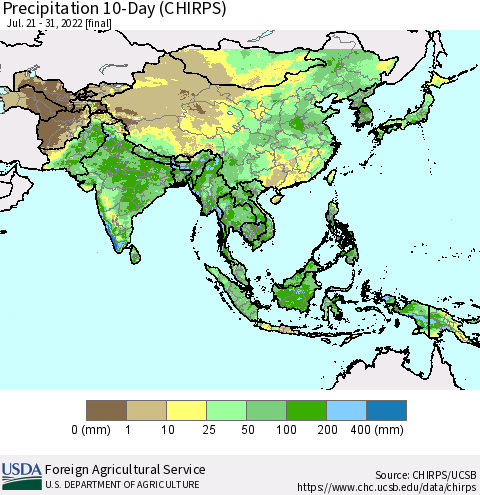 Asia Precipitation 10-Day (CHIRPS) Thematic Map For 7/21/2022 - 7/31/2022