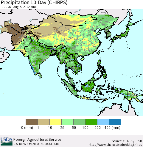 Asia Precipitation 10-Day (CHIRPS) Thematic Map For 7/26/2022 - 8/5/2022