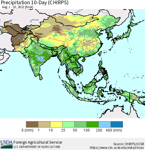 Asia Precipitation 10-Day (CHIRPS) Thematic Map For 8/1/2022 - 8/10/2022
