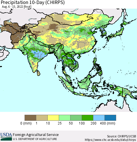 Asia Precipitation 10-Day (CHIRPS) Thematic Map For 8/6/2022 - 8/15/2022