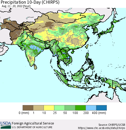 Asia Precipitation 10-Day (CHIRPS) Thematic Map For 8/11/2022 - 8/20/2022