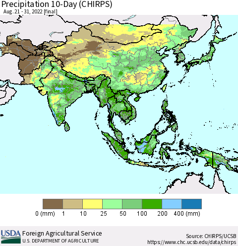 Asia Precipitation 10-Day (CHIRPS) Thematic Map For 8/21/2022 - 8/31/2022