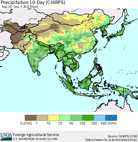 Asia Precipitation 10-Day (CHIRPS) Thematic Map For 8/26/2022 - 9/5/2022