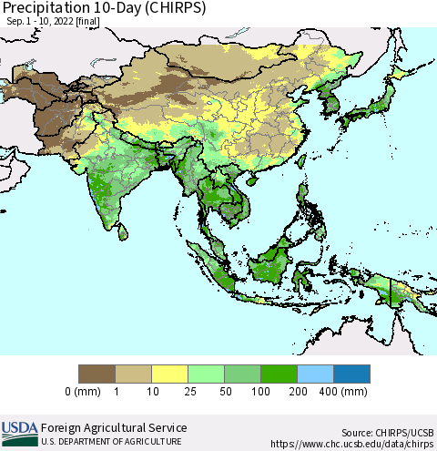 Asia Precipitation 10-Day (CHIRPS) Thematic Map For 9/1/2022 - 9/10/2022