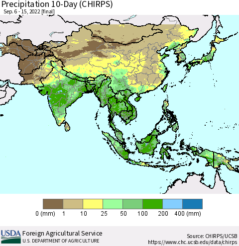 Asia Precipitation 10-Day (CHIRPS) Thematic Map For 9/6/2022 - 9/15/2022