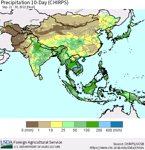 Asia Precipitation 10-Day (CHIRPS) Thematic Map For 9/21/2022 - 9/30/2022