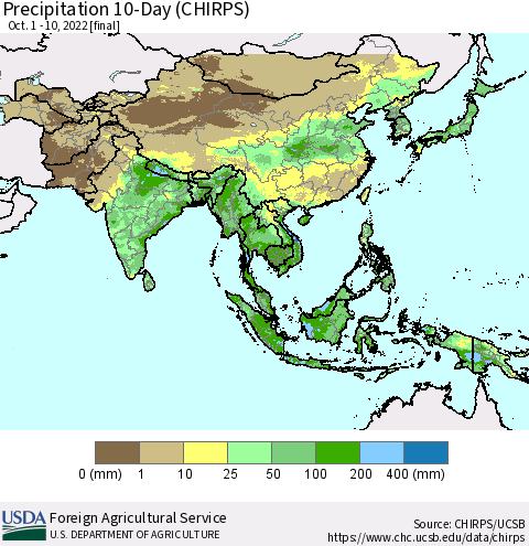 Asia Precipitation 10-Day (CHIRPS) Thematic Map For 10/1/2022 - 10/10/2022