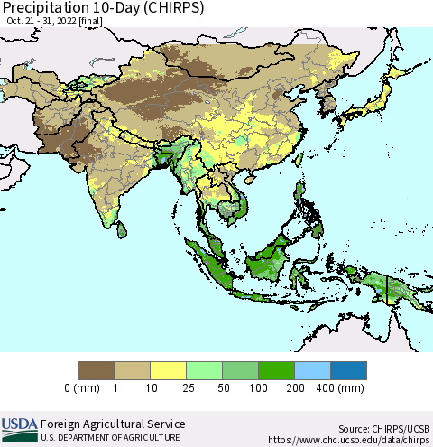 Asia Precipitation 10-Day (CHIRPS) Thematic Map For 10/21/2022 - 10/31/2022