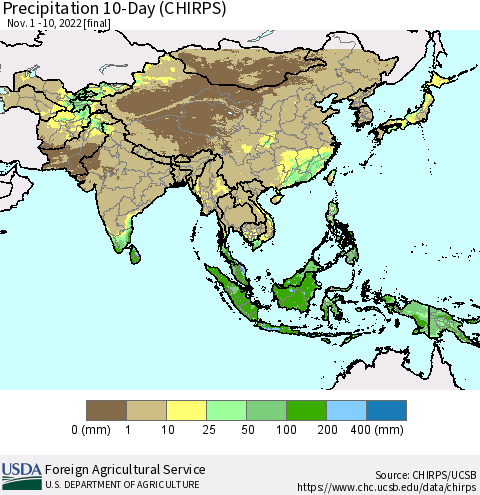 Asia Precipitation 10-Day (CHIRPS) Thematic Map For 11/1/2022 - 11/10/2022