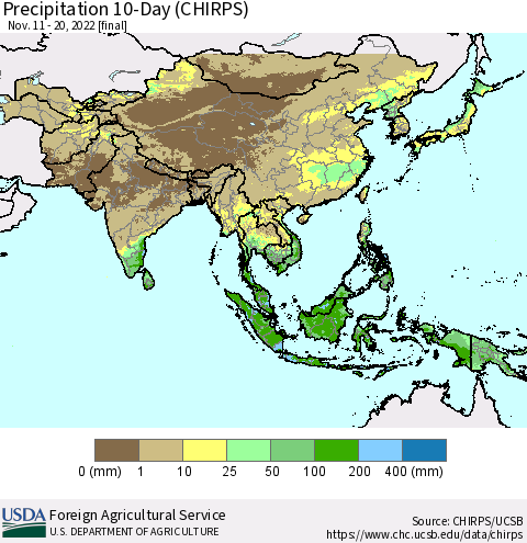Asia Precipitation 10-Day (CHIRPS) Thematic Map For 11/11/2022 - 11/20/2022