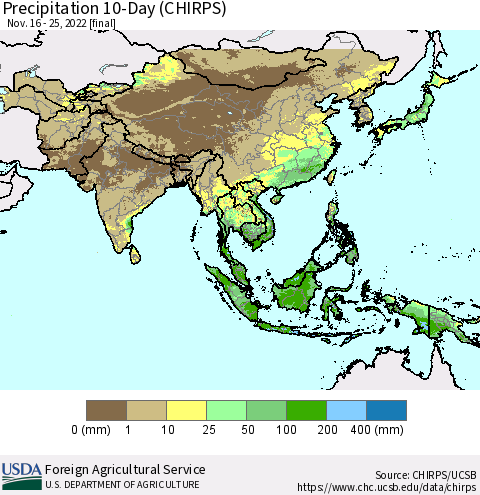 Asia Precipitation 10-Day (CHIRPS) Thematic Map For 11/16/2022 - 11/25/2022