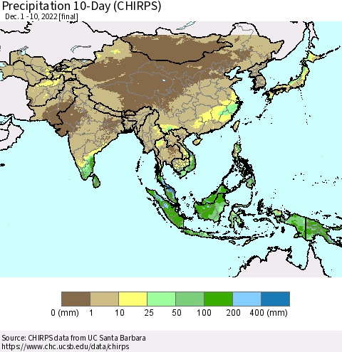 Asia Precipitation 10-Day (CHIRPS) Thematic Map For 12/1/2022 - 12/10/2022