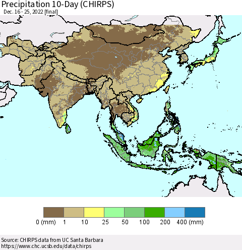 Asia Precipitation 10-Day (CHIRPS) Thematic Map For 12/16/2022 - 12/25/2022