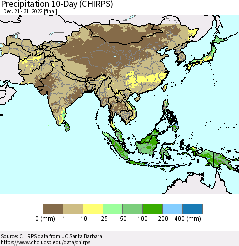 Asia Precipitation 10-Day (CHIRPS) Thematic Map For 12/21/2022 - 12/31/2022
