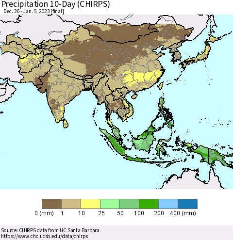Asia Precipitation 10-Day (CHIRPS) Thematic Map For 12/26/2022 - 1/5/2023