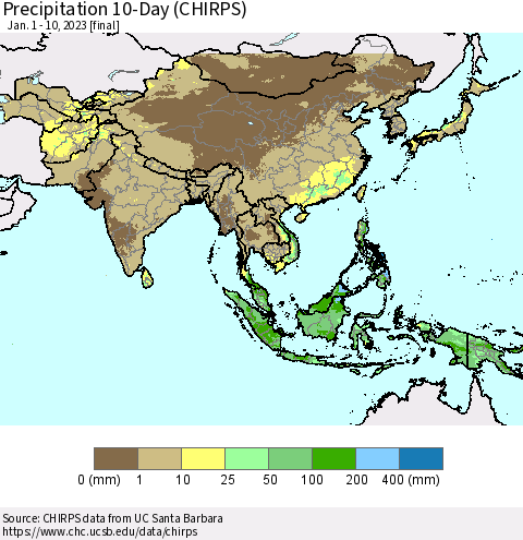 Asia Precipitation 10-Day (CHIRPS) Thematic Map For 1/1/2023 - 1/10/2023