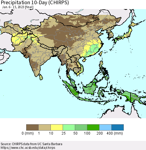 Asia Precipitation 10-Day (CHIRPS) Thematic Map For 1/6/2023 - 1/15/2023