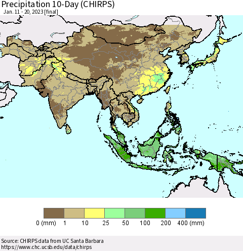 Asia Precipitation 10-Day (CHIRPS) Thematic Map For 1/11/2023 - 1/20/2023