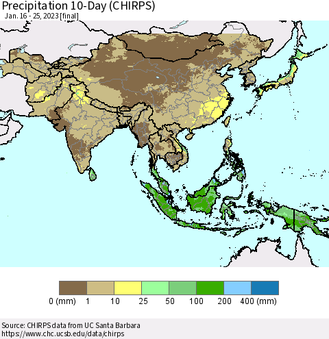 Asia Precipitation 10-Day (CHIRPS) Thematic Map For 1/16/2023 - 1/25/2023