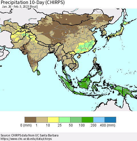 Asia Precipitation 10-Day (CHIRPS) Thematic Map For 1/26/2023 - 2/5/2023