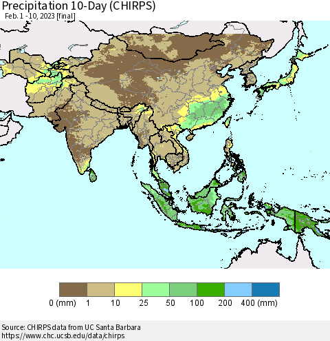 Asia Precipitation 10-Day (CHIRPS) Thematic Map For 2/1/2023 - 2/10/2023