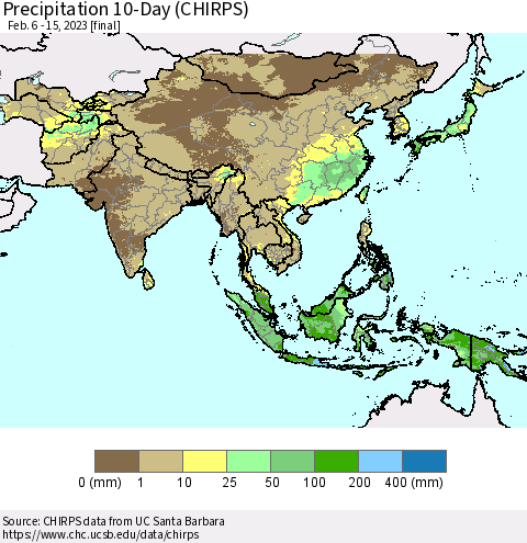 Asia Precipitation 10-Day (CHIRPS) Thematic Map For 2/6/2023 - 2/15/2023