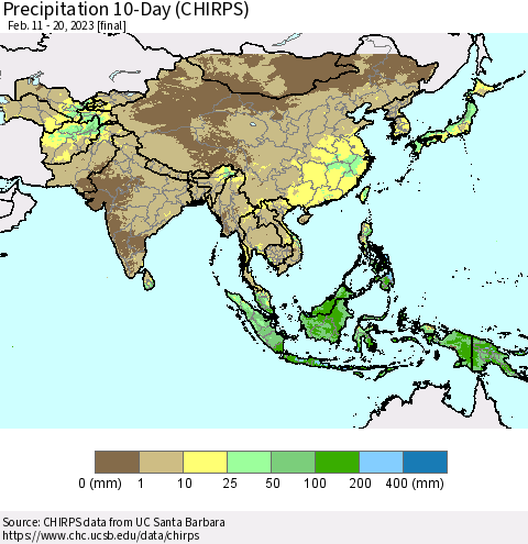 Asia Precipitation 10-Day (CHIRPS) Thematic Map For 2/11/2023 - 2/20/2023