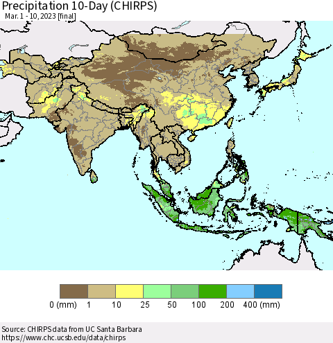 Asia Precipitation 10-Day (CHIRPS) Thematic Map For 3/1/2023 - 3/10/2023