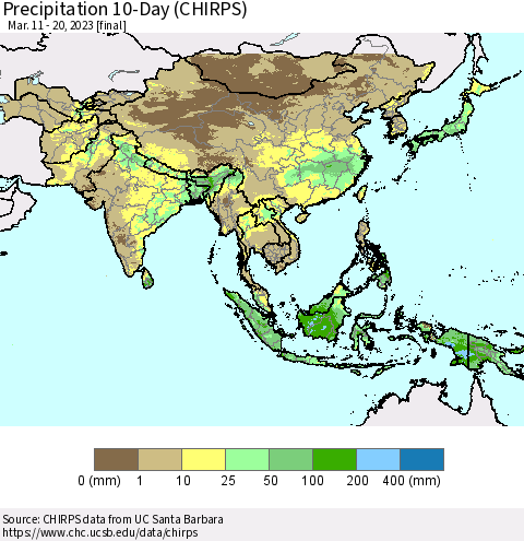 Asia Precipitation 10-Day (CHIRPS) Thematic Map For 3/11/2023 - 3/20/2023