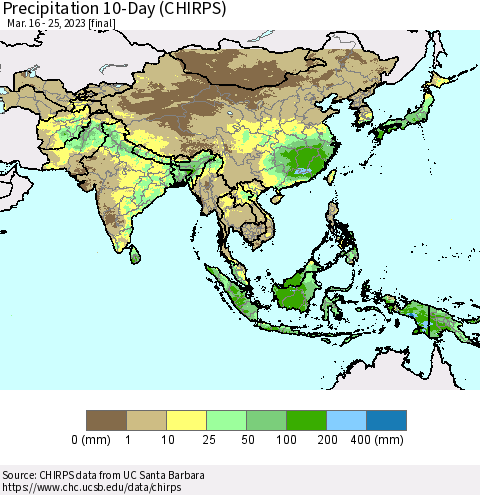 Asia Precipitation 10-Day (CHIRPS) Thematic Map For 3/16/2023 - 3/25/2023