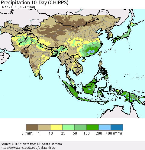 Asia Precipitation 10-Day (CHIRPS) Thematic Map For 3/21/2023 - 3/31/2023
