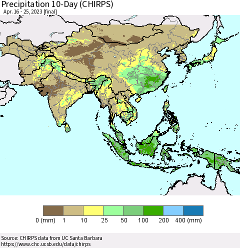Asia Precipitation 10-Day (CHIRPS) Thematic Map For 4/16/2023 - 4/25/2023