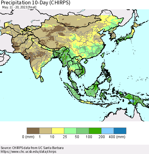 Asia Precipitation 10-Day (CHIRPS) Thematic Map For 5/11/2023 - 5/20/2023