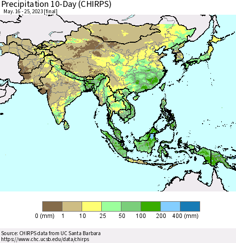 Asia Precipitation 10-Day (CHIRPS) Thematic Map For 5/16/2023 - 5/25/2023