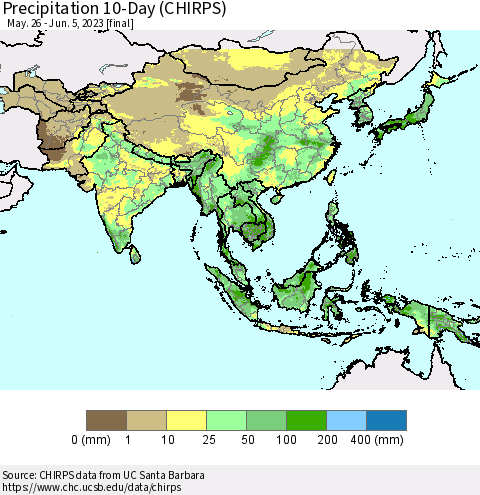 Asia Precipitation 10-Day (CHIRPS) Thematic Map For 5/26/2023 - 6/5/2023