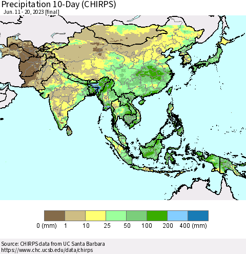 Asia Precipitation 10-Day (CHIRPS) Thematic Map For 6/11/2023 - 6/20/2023