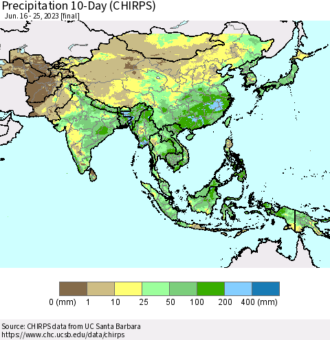 Asia Precipitation 10-Day (CHIRPS) Thematic Map For 6/16/2023 - 6/25/2023