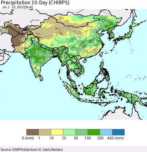 Asia Precipitation 10-Day (CHIRPS) Thematic Map For 7/1/2023 - 7/10/2023